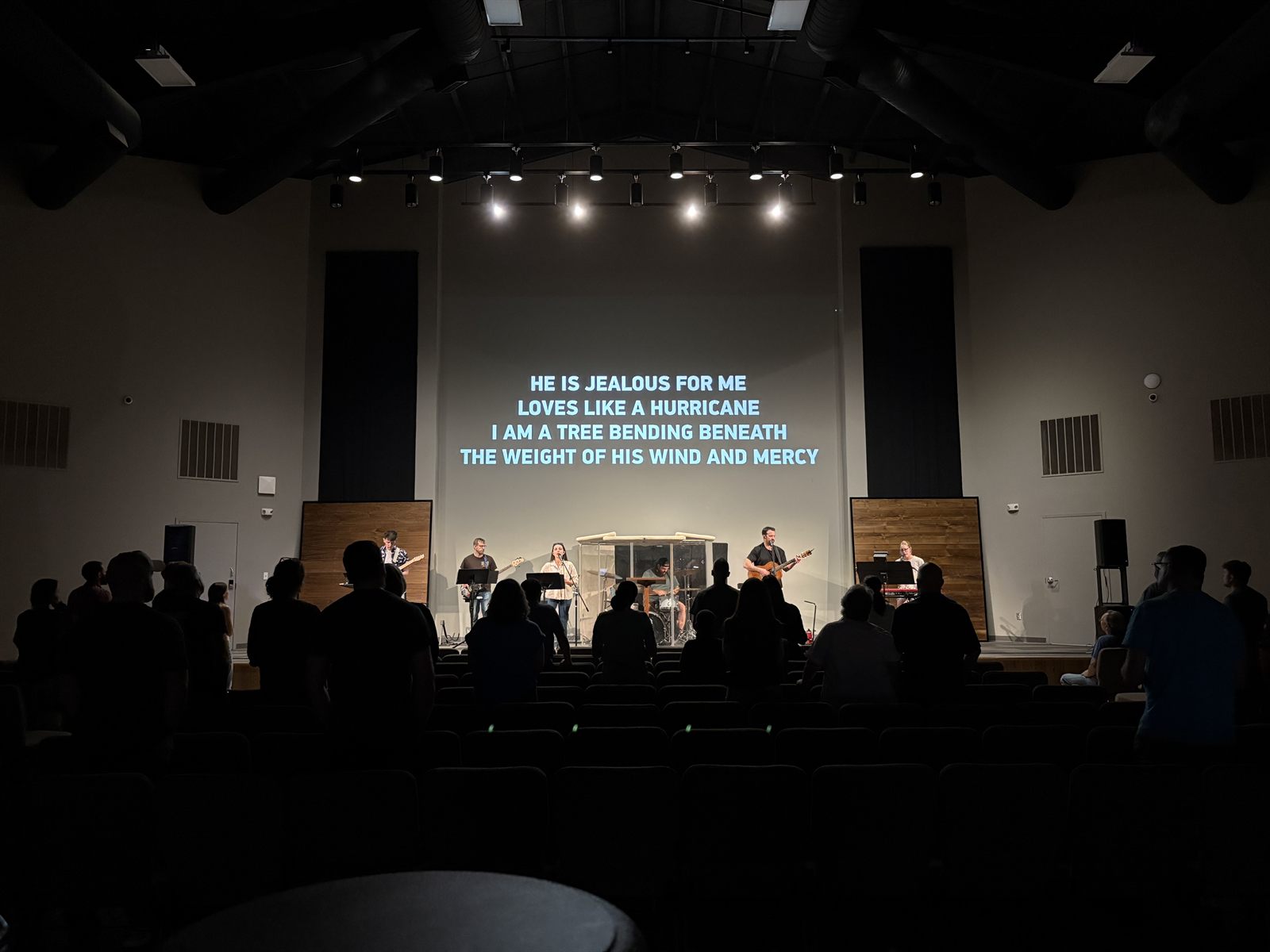 A full worship night in the auditorium with lyrics on screen